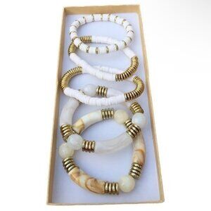 5 White & Gold Stackable Chunky Bracelets